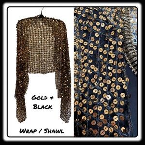 NWT GOLD & BLACK sequined evening wrap / shawl. One size.  Stunning!